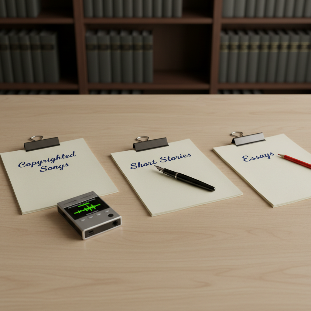 A close-up overhead view of a neatly arranged creative workspace: three stacks of paper labeled “Copyrighted Songs,” “Short Stories,” and “Essays” in precise, dark blue ink. Each stack is clipped with brushed metal binder clips, their texture subtly reflecting the soft, overcast daylight from above. A digital audio recorder with a small waveform display sits near the “Songs” stack, while a fountain pen and red editing pencil rest beside the “Stories” and “Essays” piles. The background shows a blurred dark-wood bookshelf filled with uniformly bound volumes. Photographic realism, high resolution, with sharp detail and a clean, modern composition emphasizing organization and professionalism.