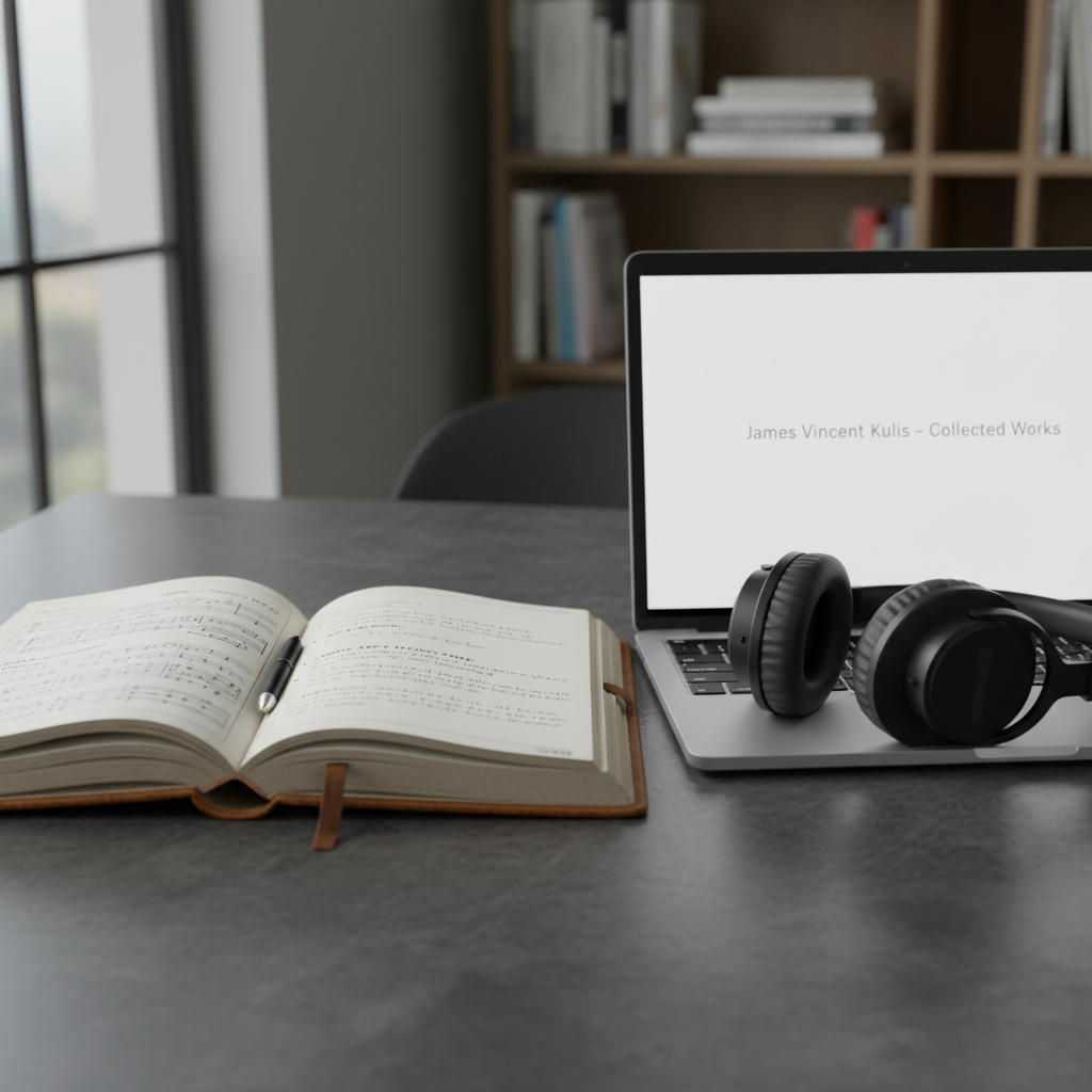 An open, well-worn leather notebook lying flat on a smooth, charcoal-gray table, its pages filled with neatly organized lyrics, short story outlines, and essay fragments separated by small inked headers. A sleek silver laptop is positioned to the side, its screen displaying a clean document titled “James Vincent Kulis – Collected Works” in a minimalist serif font. A pair of studio-quality headphones rests around the laptop, their matte black finish catching a soft, diffused afternoon glow from a nearby window. The composition is balanced using the rule of thirds, with crisp focus on the notebook and gentle bokeh on the background bookshelf. Photographic realism with a calm, professional mood.